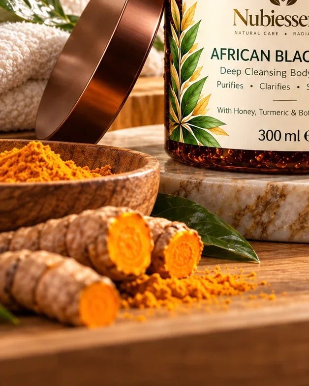 Turmeric root and powder beside the African Black Soap jar