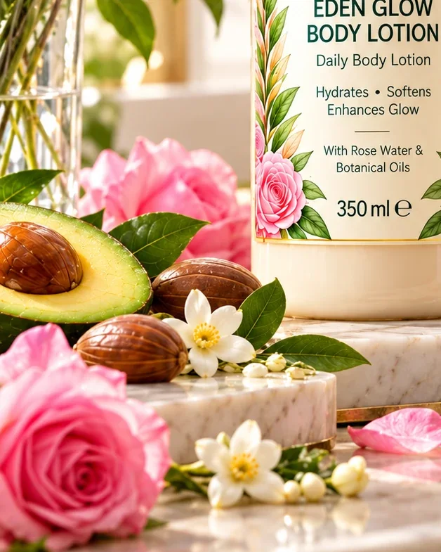 Roses and avocado beside the Eden Glow Body Lotion