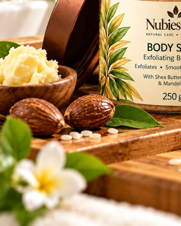 Shea butter and rice grains beside the Exfoliating Body Scrub jar