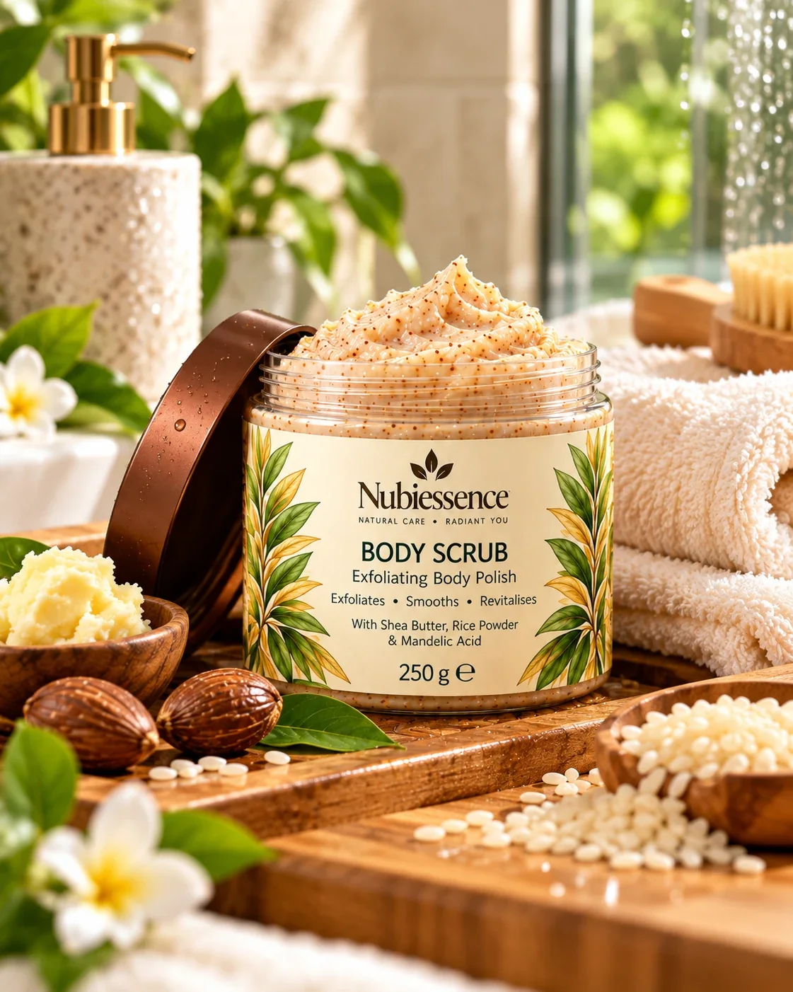 Exfoliating Body Scrub on a marble bathroom shelf
