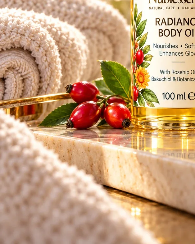Rosehips and calendula beside the Radiance Body Oil