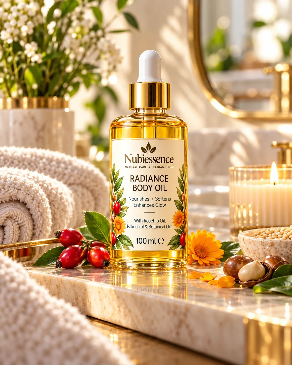 Radiance Body Oil on a marble bathroom shelf