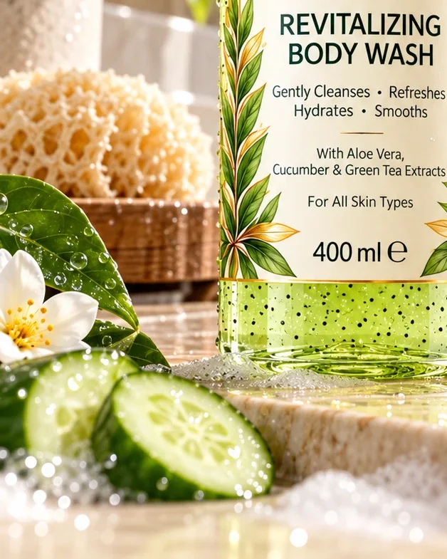 Cucumber slices and aloe beside the Revitalizing Body Wash