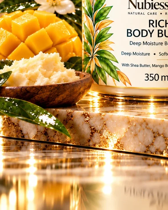 Raw shea butter and mango beside the Rich Body Butter jar
